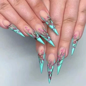 24 Press on nails Kit w Glue Cherry Blossom Nude ombre Mint Green stiletto anime - Picture 1 of 3