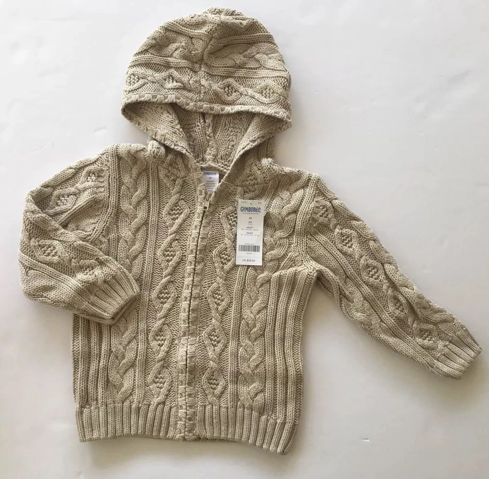 NUEVO CON ETIQUETAS Gymboree Moose Lodge 3 3T Avena Cable Tejido Cremallera Sudadera con Capucha Cárdigan Suéter Foto 1 de 1