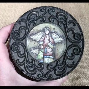 Patchwork Angel Brown Round Plastic Music Box Trinket Holder Cottagecore Twee - Picture 1 of 10