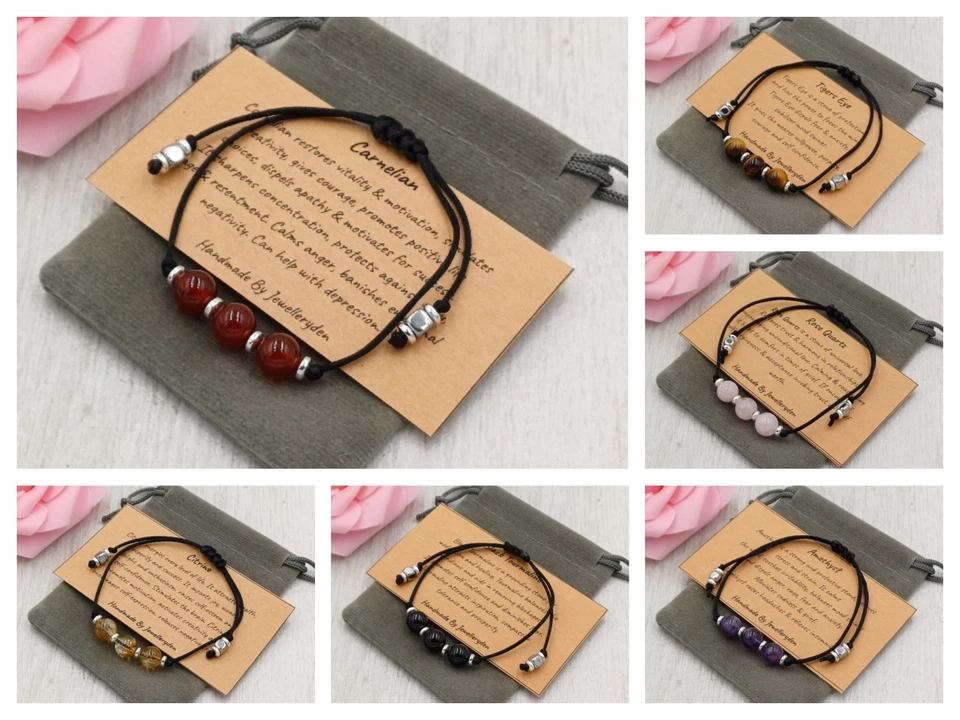 Handmade Natural Adjustable 8mm Crystal Healing Gemstone Cord Bead Bracelet 8mm - Image 1 of 1