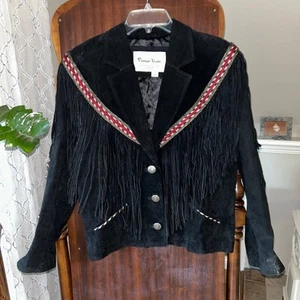 Vtg PIONEER WEAR Women's Western Fringe Suede Black Crop Jacket USA Size Medium  - Picture 1 of 10