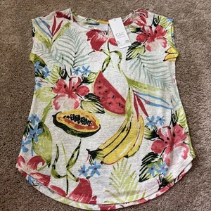 New Women’s S C&C California 100% Linen Tropical Fruit Floral Motif Top - Picture 1 of 8