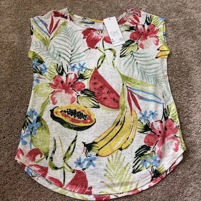 New Women’s S C&C California 100% Linen Tropical Fruit Floral Motif Top - Image 1 of 4