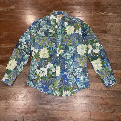 Camisa Vintage Años 70 Alfie Hombre’s Grande Psicodélica Floral Azul/Verde Foto 1 de 4