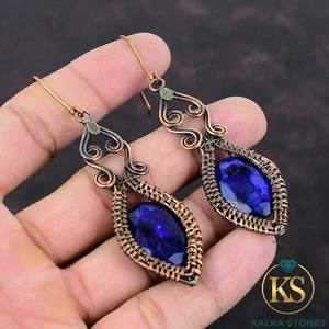 Oferta del día de la mujer Cobre Azul Zafiro Piedras Preciosas Gota Alambre Envuelto Pendientes Joyería - Imagen 1 de 6