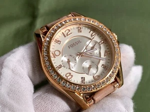 Fossil Riley ES3466 Daydate and Leather Multifunction 10Atm Quartz Women's Watch - Picture 1 of 18