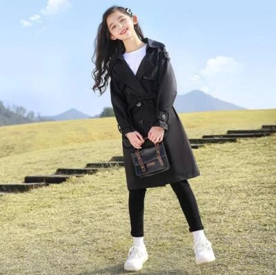 Kids Child Classic Double Breasted Jacket Girl Midi-Length Trench Coat with Belt - Image 1 of 4