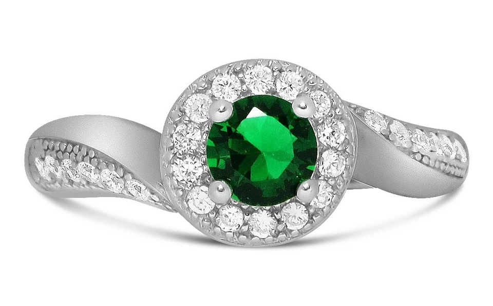 1/3ct Round Natural Diamond & Simulated Emerald Halo Wedding Ring 10K White Gold - Image 1 of 3