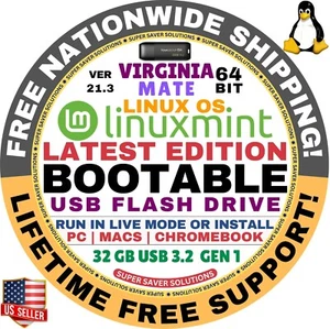 Linux MINT 21.3 USB VIRGINIA Mate 64-Bit Live Boot, Full Install for MAC, PC - Picture 1 of 7