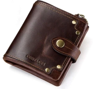 Brown Men's Leather Bifold Wallet for Men Button Closure Zip RFID Protected NEW - Picture 1 of 7