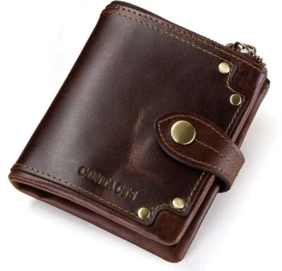 Brown Men's Leather Bifold Wallet for Men Button Closure Zip RFID Protected NEW - Image 1 of 4