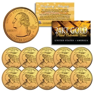 2002 Louisiana State Quarters U.S. Mint BU Coins 24K GOLD PLATED (Quantity 10) - Picture 1 of 3