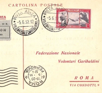 ITALY Air Mail Card Special Flight GARIBALDINI/RED-SHIRTS 1932 {samwells}YT28 - Image 1 of 4