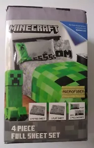 Minecraft Gray Blocks 4 Piece Kids Microfiber Full Sheet Set Gray / Green NEW - Picture 1 of 5