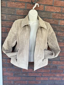 Style & Co Beige Genuine Leather Jacket Medium Long Sleeve Front Zip Pockets - Picture 1 of 14
