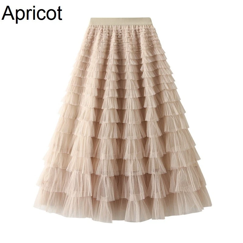 Женщин высокая талия ярусный сетки юбка Midi трапециевидный оборки тюль балетной Summer Beach - Изображение 1 из 4