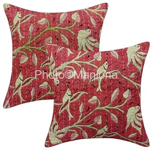 Set-2 New Bird Print Indian 100% Cotton Ethnic Square Ralli Kantha Cushion Cover - Picture 1 of 4