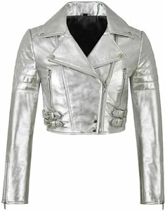 Womens Metallic Silver Short Body Cropped Motorcycle Foiled Leather Biker Jacket - Picture 1 of 8