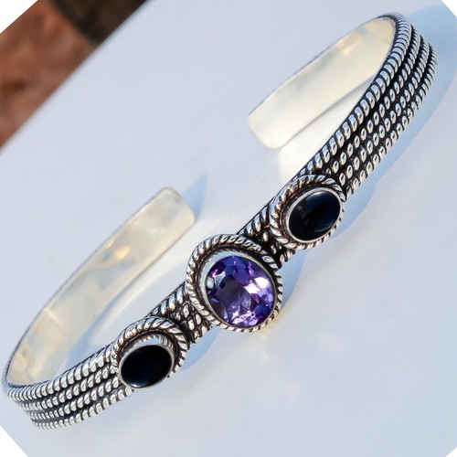 VALENTINO Bracciale ultimo in argento sterling 925 con ametista sfaccettata e pietra preziosa onice nera