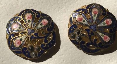 Antique Pair Champleve Enamel Buttons, Pierced Brass, Cut Steels, Painted Roses - Image 1 of 3