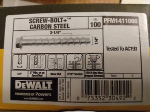 DeWalt PFM1411060 Screw-Bolt+ Carbon Steel 2-1/4" X 1/4" , 100-Pk Dewalt New NIB - Picture 1 of 4