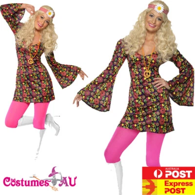 Damas 60s CND Hippie Hippy Groovy Disfraz Años 60 Chick Flower Power Vestido Elegante Foto 1 de 4