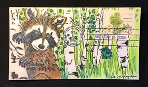 Trees, 1978 FDC, Kate Hayden cadet, Gray Birch and raccoon - Picture 1 of 1