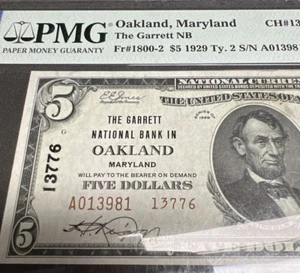 $5 1929 Ty 2 OAKLAND MARYLAND (Ch 13776) PMG GEM66 EPQ National Currency Note MD - Picture 1 of 3