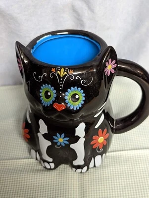 Taza de café Halloween gato negro forro azul flores coloridas envío microondas Foto 1 de 4