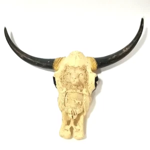 Vtg Skull Primitive Folk Art Wolf Head Horns Man Cave Wall Decor Hanging 6"X7.5" - Picture 1 of 15