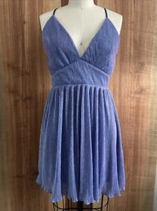Lulus Make Your Acquaintance V-Neck Blue Metallic Skater Dress Size S Small - Picture 1 of 10
