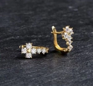 2Ct Round Lab Created Diamond HoopHuggie Earrings 14k Yellow Gold Plated Silver - Picture 1 of 4