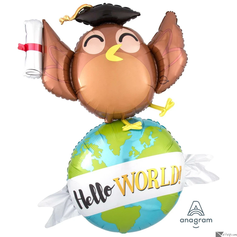 Anagram Hello World Graduation Owl 35"x42" Animal Foil Balloon, Brown Green Blue - Image 1 of 1