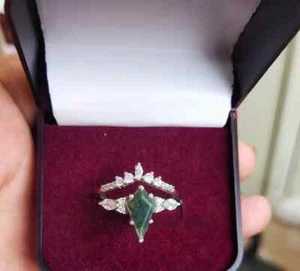 Natural Green Moss Agate Ring 925 Sterling Silver Kite Ring Set Engagement Ring - Picture 1 of 5
