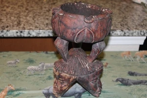 African Tribal Wood Art 3 Ladies Face Figure Ashtray 10.5"High - Picture 1 of 14