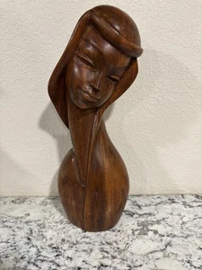 Busto di donna in legno intagliato a mano 15 1/2" testa dama figura in teak vintage stile metà secolo - Foto 1 di 21