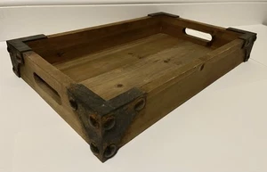 10x16” OD Solid Wooden Decorative Serving Tray w-Antiqued Metal Corner Accents - Picture 1 of 17