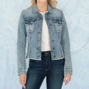 Kut From The Kloth Jean Jacket Womens Size XS Stretch Denim Acid Wash Raw Hem - Picture 1 of 17