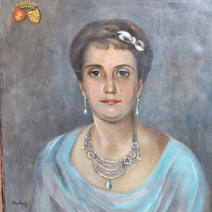 DM. 6047  Gemälde Portrait einer Adligen Wappen signiert von Korff 70x 61 cm - Bild 1 von 9