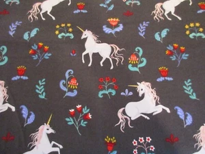 Folk Unicorn Super Snuggle Flannel Fabric - BTY - Unicorns and Flowers Gray - Picture 1 of 5