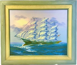 K Maskell Painting Seascape Sailing Ship Schooner Ocean Navy Framed Vintage Art - Picture 1 of 12
