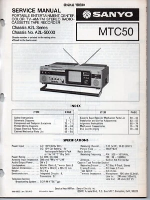 Service Manual Sanyo MTC50 Portable Entertainment Center Color TV AM/FM Stereo - Image 1 of 2