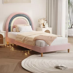 Oikiture Bed Frame Single Size Rainbow Kids Bed Frame Pink Velvet - Picture 1 of 9