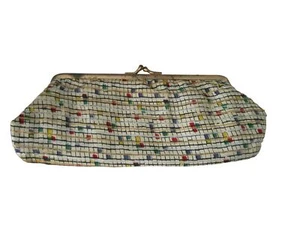Vintage Frame Clutch Make Up Bag Bold Graphics Gold Silver Woven Accents Damage - Picture 1 of 23