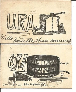 lot of 2 INKED ILLUSTRATIONS U.R.A....BLOCK HEAD - WATER TANK signed 1909 - Bild 1 von 2