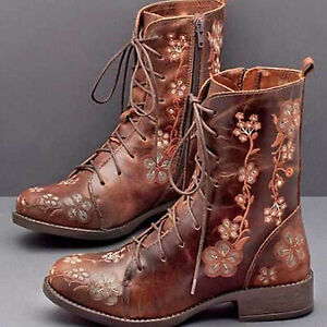 Womens Chunky Floral Ankle Low Heel Combat Boots Retro Boots Lace Up Shoes Size