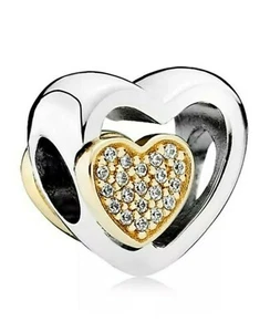Pandora SSilver 14K Gold 'JOINED TOGETHER' Heart Charm Bead 4 Bracelet Pendant - Picture 1 of 12