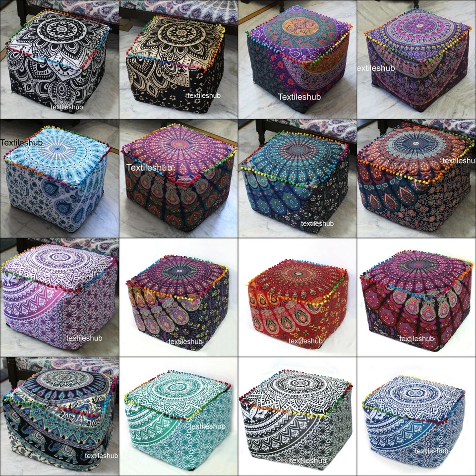 18" Indian Mandala Square Ottoman Handmade Pouf Cover Footstool Seating Cover - Image 1 of 1