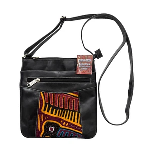 BOLSOS LUMO BLACK LEATHER CROSSBODY / SHOULDER PURSE, MOLA YWAYUU INSERT, NWT - Picture 1 of 4