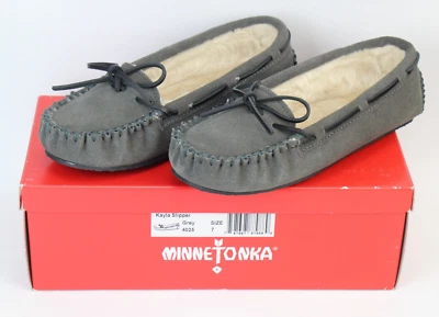 Brand New MINNETONKA Kayla Grey Suede Moccasin Slippers Women's Size 7 - Image 1 of 4